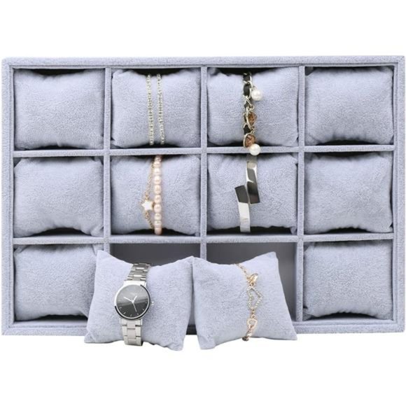Watch Jewelry Tray Organizer Bracelet Display Showcase 12 Grid Pillows Tray - Picture 5 of 7